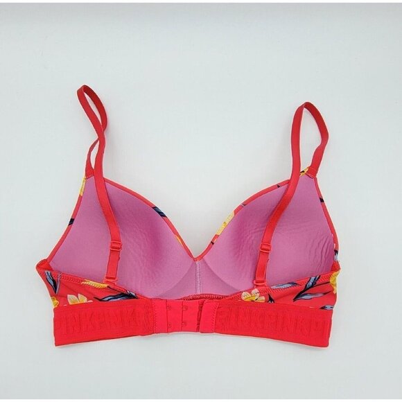 Pink Victorias Secret Wear Everywhere Wireless Lightly Lined Bra 32C Red Floral - Picture 3 of 14